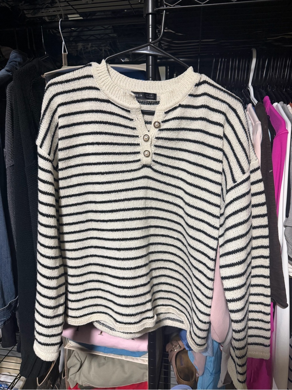 SHEIN Black & Cream Striped Henley Sweater
